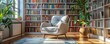 modern library with cozy armchair and book shelves with books arranged in room with potted plant