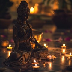 Wall Mural - Buddha statue meditating in a room illuminated by candlelight