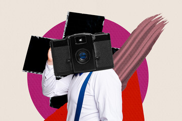 Sticker - Creative retro 3d magazine collage image of weird guy photo camera instead of head isolated colorful background