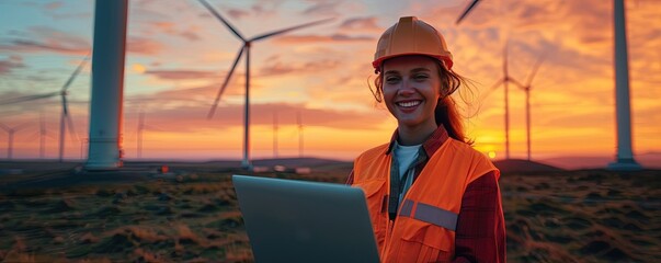 smiling engineer with laptop near wind turbines at dusk