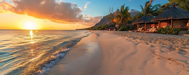 Wall Mural - Tourism background with Fantastic Sunrise Beach in Mauritius. Dream Honeymoon Destination.