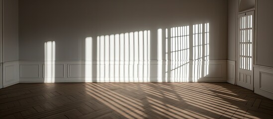 Wall Mural - The sunlight filters through the rectangular glass fixtures, casting tints and shades on the hardwood floor of the empty room with perfect symmetry