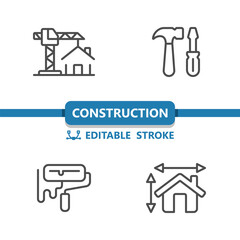 Construction Icons. Home Improvement, Tools, Paint Roller, Hammer, House Icon