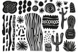 A variety of tribal patterns and shapes in black and white, reminiscent of ancient cave paintings and ethnic textiles The image evokes a sense of tradition and history