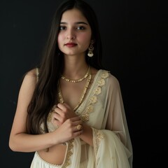 Ethnic beauty wearing traditional Indian clothing, jewelry and posing for a photo.. Fictional character created by Generated AI. 