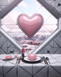 Pink and white 3D rendering of a romantic dinner table with a heart-shaped window in the background.