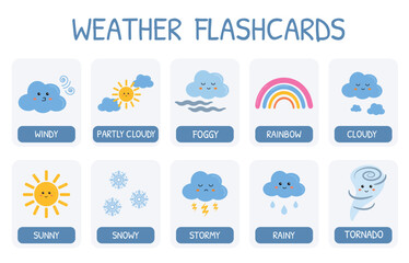 cute weather flashcard vector set. kids flash cards with funny sun, rainbow, cloud characters. learn