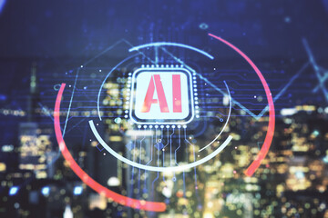 Poster - Double exposure of creative artificial Intelligence abbreviation hologram on blurry office buildings background. Future technology and AI concept