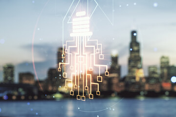 Poster - Virtual creative light bulb with chip hologram on blurry office buildings background, artificial Intelligence and neural networks concept. Multiexposure