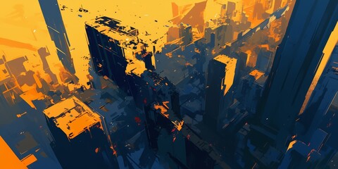 Wall Mural - Abstract painting of a city skyline in a dark grey and orange color palette, with brush strokes and very rough edges in a monochromatic style
