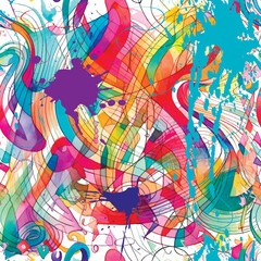 Wall Mural - Graffiti style colorful hand drawn dirty doodles seamless pattern with doodle lines, squiggles, fluid, curves, brush strokes, splashes, splatters. Trendy repeat bright backdrop. Modern drawing design