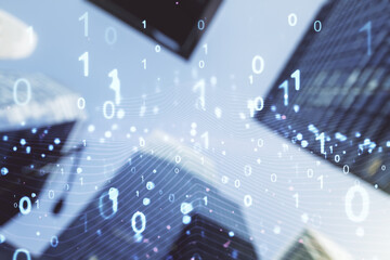 Aufkleber - Abstract virtual binary code illustration on office buildings background. Big data and coding concept. Multiexposure