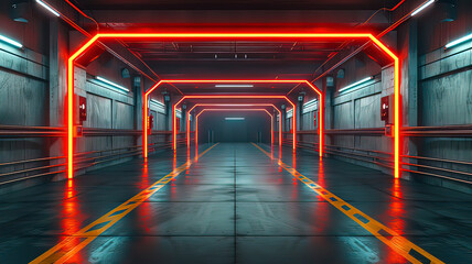 Poster - Neon glowing concrete underground hangar. AI technology generated image