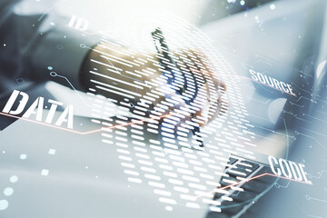 Aufkleber - Multi exposure of abstract fingerprint scan interface with hand writing in notepad on background with laptop, digital access concept