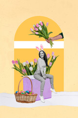 Sticker - Collage of nice girlfriend receive tulips bouquet fresh flowers basket of paschal eggs tradition happy easter isolated on yellow background