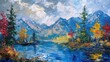 An impressionistic painting showcasing vibrant autumnal trees against the backdrop of majestic blue mountains and a serene lake, invoking a sense of calm