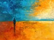 Vivid, emotionally charged abstract painting displaying a solitary figure amidst a colorful, textured backdrop of blue, orange, and yellow hues