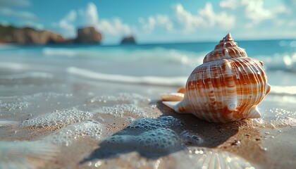 Wall Mural - Seashell on the beach. Sea shell on the sand closeup. Closeup of a seashell on a sandy beach in tropical location. Salt water seashell