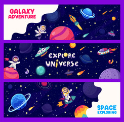 Poster - Kid astronauts banners. Space adventure, astronomy research or galaxy discovery cartoon vector background. Cosmos travel posters or banners with child cosmonaut character, rockets and space planets