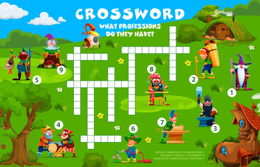 Poster - Crossword quiz game grid with cartoon garden gnome and dwarf characters in fairytale village, vector worksheet. Kids crossword game to guess profession words of fairy gnome farmers and village workers