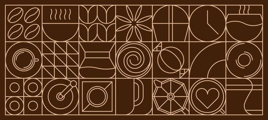 Coffee abstract modern line geometric pattern or mosaic tile, vector background. Coffee cup and moka pot with cappuccino and espresso, coffee beans and chocolate candy in geometric linear pattern