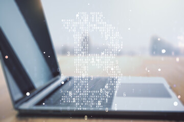Poster - Double exposure of creative Bitcoin symbol with modern laptop on background. Cryptocurrency concept