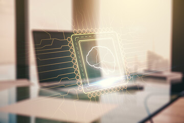Poster - Double exposure of creative artificial Intelligence symbol with modern laptop on background. Neural networks and machine learning concept