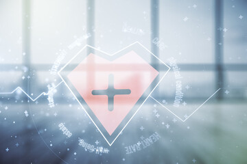 Poster - Abstract virtual heart rate sketch on empty room interior background, Medicine and healthcare concept. Multiexposure