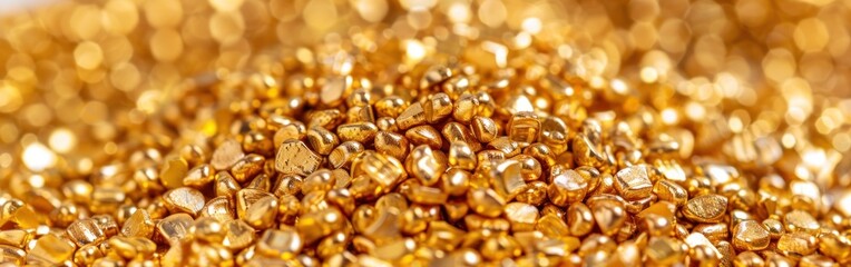 Close-up of a pile of gold flakes sitting on top of a table, illuminated by the morning summer light