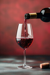 Wall Mural - Elegant Red Wine Pour on Red Backdrop. A graceful pour of red wine into a stemmed glass, set against a rich red backdrop, with a cork lying on the table.