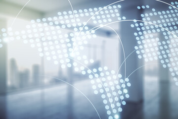 Poster - Abstract virtual world map with connections on empty corporate office background, international trading concept. Multiexposure