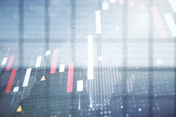 Poster - Multi exposure of virtual abstract financial graph hologram and world map on modern interior background, financial and trading concept