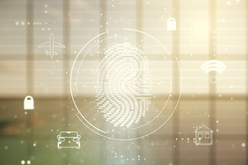 Aufkleber - Multi exposure of virtual fingerprint scan interface on empty modern office background, digital access concept