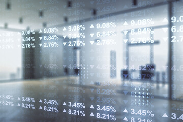 Poster - Double exposure of abstract creative statistics data hologram on a modern furnished office interior background, analytics and forecasting concept