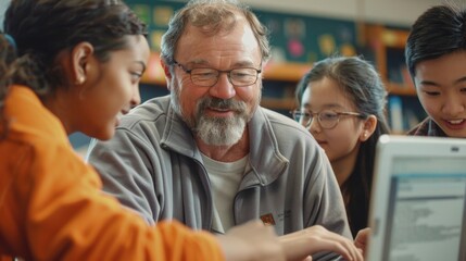Poster - A group of people sitting around a laptop computer. Suitable for business and teamwork concepts