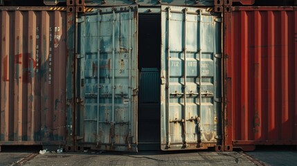 Poster - Two shipping containers placed next to each other. Suitable for industrial and transportation concepts