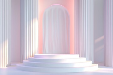 Poster - A white stage with columns illuminated by a pink light. Ideal for event planning and entertainment concepts