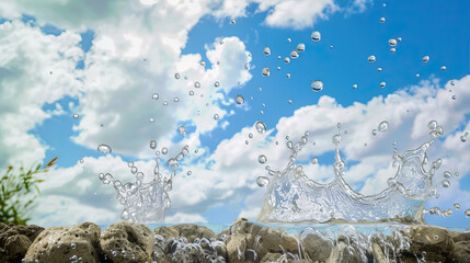 Sticker - Beautiful background for the product. Splashes of water against the background of stones and blue sky
