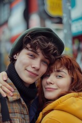 Poster - A man and a woman embracing on a busy city street. Suitable for relationship or urban lifestyle concepts