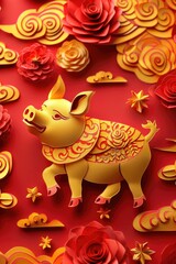 Canvas Print - Paper cut of a pig surrounded by colorful flowers. Suitable for craft projects