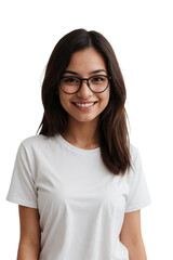 Wall Mural - Young Brazilian woman wearing glasses and a white shirt, smiling and looking at the camera, isolated, transparent background, no background. PNG.