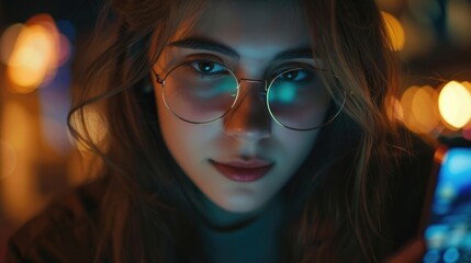 Poster - Woman with glasses looking at her cell phone. Suitable for technology and communication concepts