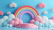Soft pastel-colored rainbow arch and fluffy clouds set against a blue backdrop, perfect for a cheerful product display.