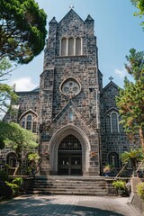Poster - A picturesque stone church with a clock tower. Perfect for architectural projects