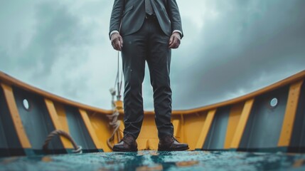 Poster - A man in a suit and tie standing on a dock. Suitable for business concept