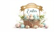Happy Easter banner. Illustration of Easter bunny, beautiful painted eggs and chicks in wicker basket on pink background.