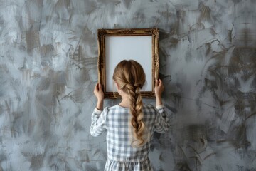 Aufkleber - A girl holding a picture frame in front of her face. Perfect for creative projects and social media posts