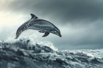 Poster - A dolphin leaping out of the water on a cloudy day. Perfect for nature and wildlife themes