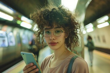 Poster - Woman standing in subway with cell phone, perfect for technology concepts