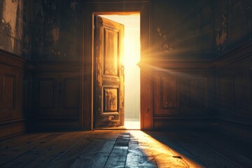 Poster - A dark room with an open door letting in light. Suitable for various concepts